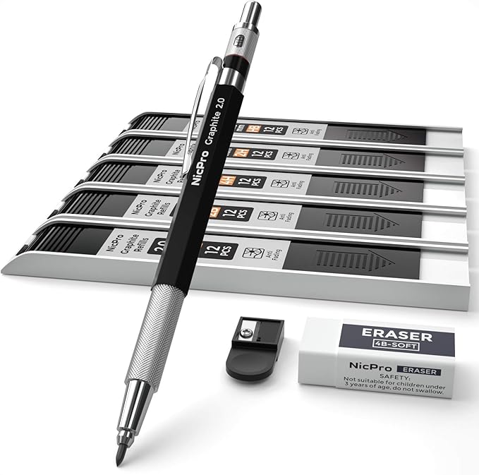 Nicpro 2.0 mm Mechanical Pencil Set, Artist Metal Lead Holder Metal Marker Carpenter pencils with 60 Graphite Lead Refill HB, 2H, 4H, 2B, 4B, Eraser, Sharpener for Draft Drawing, Writing Art Sketching