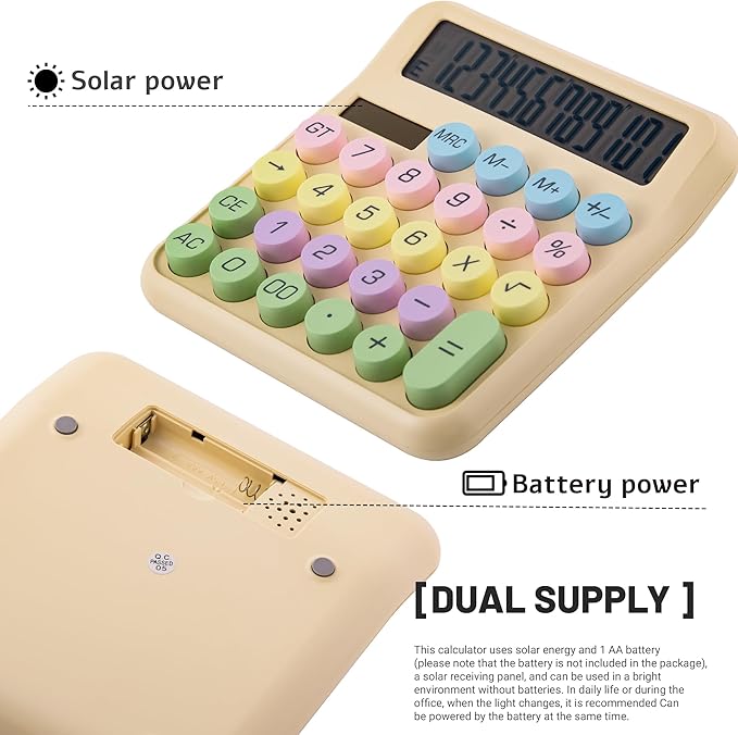 Golcellia Calculators Desktop, Beige Mechanical Calculator, Cute Calculator 12 Digit Desk Basic Calculator Large Display, Dual Power Solar Battery, Office Home School Supplies for Adults & Students
