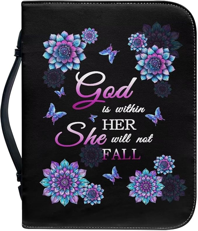 Lotusorchid Mandala Flower Butterfly Bible Covers for Women, God is within Her, She Will Not Fall, Cross Printed Bible Case Large Size Bible Bag with Pockets Bible Carrying Church Bag Bible Case