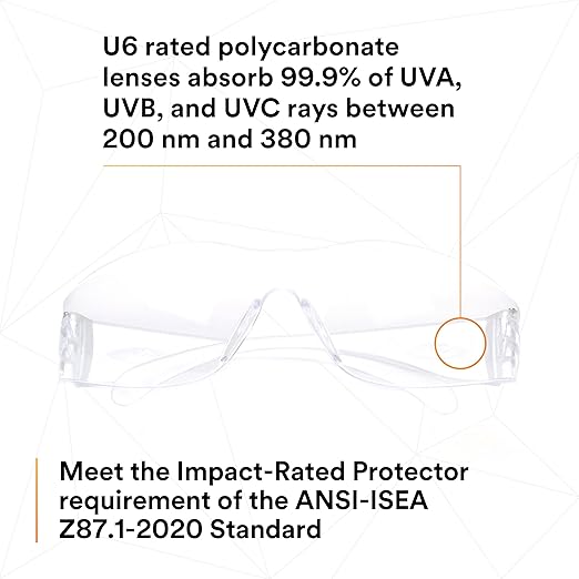 3M Safety Glasses, Virtua, 1 Pair, ANSI Z87, Clear Hard Coat Lens, Clear Frame, Economical Eyewear Protection, Lightweight, Wraparound Coverage, UVA, UVB, UVC