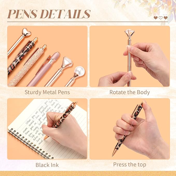 6 Pcs Ballpoint Pens Set Metal Crystal Diamond Pen for Journaling Glitter Pretty Cute Stationery Black Ink Fancy Gifts for Women Girls Teacher Office Wedding School Supplies(Rose Gold Series)