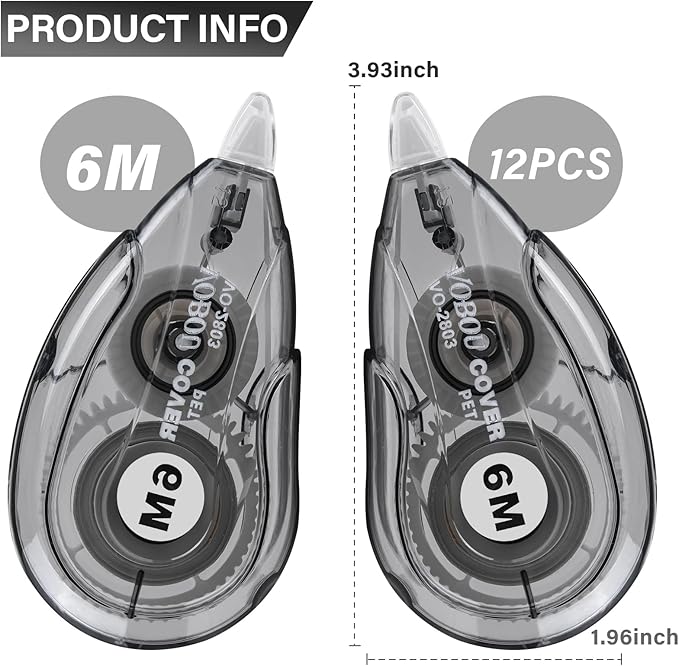 White Correction Tape, Easy To Use Applicator for Instant Corrections Wrong Writing At Any Time, For school, Office (Black, 12pack, 6M/256"x 0.2")