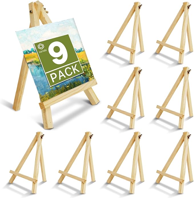 CONDA 9 Pack 9 Inch Wood Easels, Easel Stand for Painting Canvases, Art, and Crafts,Tripod,Painting Party Easel,Kids Student Tabletop Easels for Painting,Portable A-Frame Tripod Tabletop Easel Set