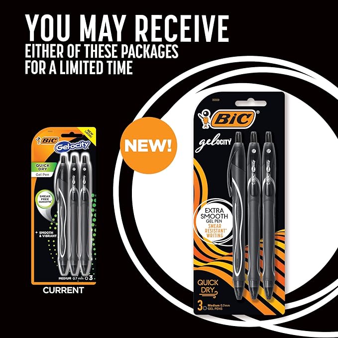 BIC Gel-Ocity Quick Dry Gel Pens, Medium Point Retractable (0.7mm), Black Ink Gel Pen, 3 Count