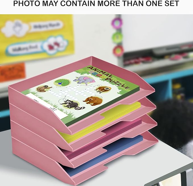 Acrimet Stackable Letter Tray 2 Tier Side Load, Plastic, Desktop File Organizer (Solid Pink Color)