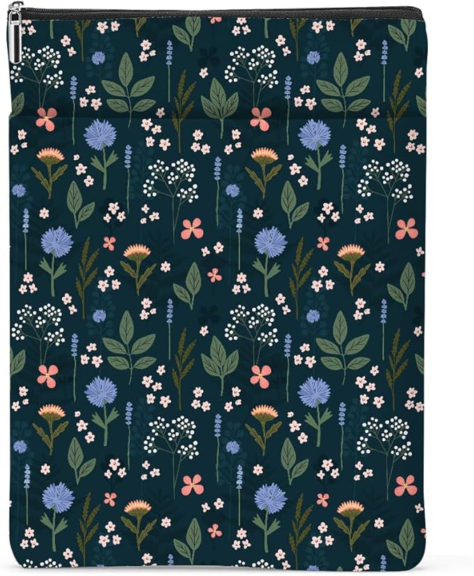 Wildflower Pattern Book Lovers Gifts Waterproof Book Sleeve Book Pouch Book Protector with Zipper and Front Pocket BookCover Case for Women Girl Readers Librarian Book Accessories Book Club Gifts