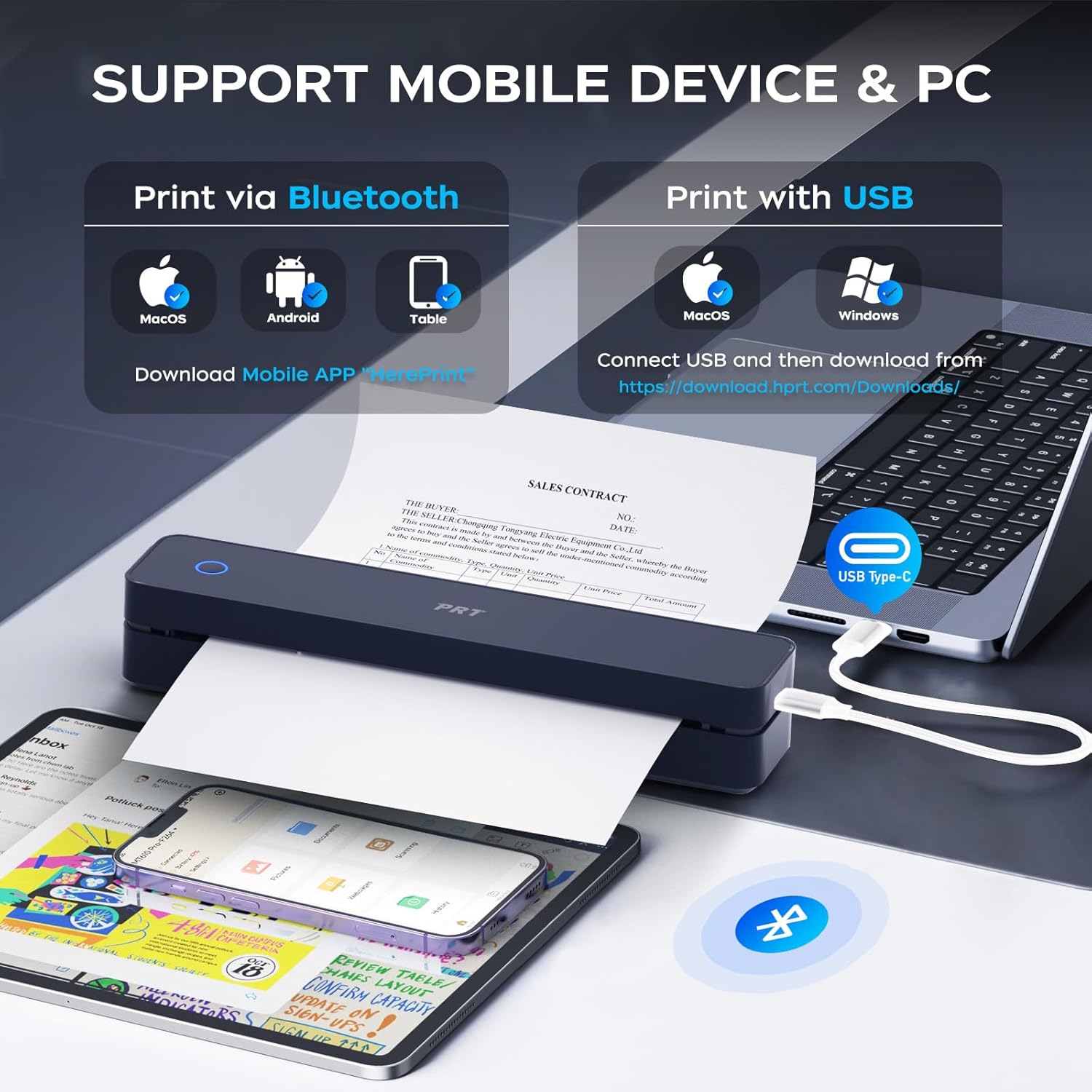 PRT Thermal Portable Printer Wireless for Travel, Inkless Bluetooth Support 8.5"x11" US Letter, A4, Compatible with iOS, Android, Laptop, Mobile Printer for Office, Vehicle, Home Use