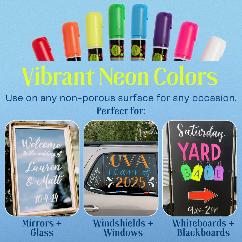 Liquid Chalk Drawing Markers for Car Windows, Auto Windshields, Mirrors, White Boards, Retail + Restaurant Signs. Erasable Chalk Markers – Washable – Bold - Neon 8pck. 10mm tip - 3 writing options.