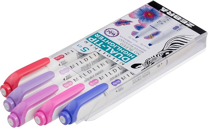Zebra Pen Mildliner Double-Ended Highlighter Set, Broad and Fine Point Tips, Ideal for Bible Highlighting, No Bleed, Assorted Midnight Hibiscus Ink Colors, 5-Pack (78375)