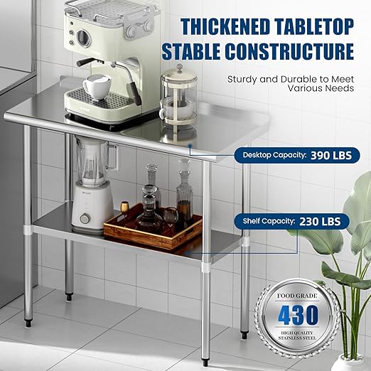 Stainless Steel Table 18 x 36 Inches Metal Prep Table with Backsplash & Adjustable Undershelf for Commercial Kitchen, Outdoor, Restaurant, Hotel & Garage