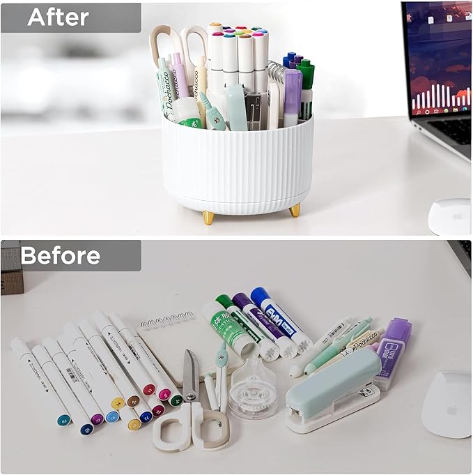 Desk Organizers and Accessories 7Pcs Set with 360-Degree Rotating Pen Holder, Acrylic Stapler, Tape Holder, Staple Remover, Binder/Paper Clips Kit, Scissor and 1 Box of Staples