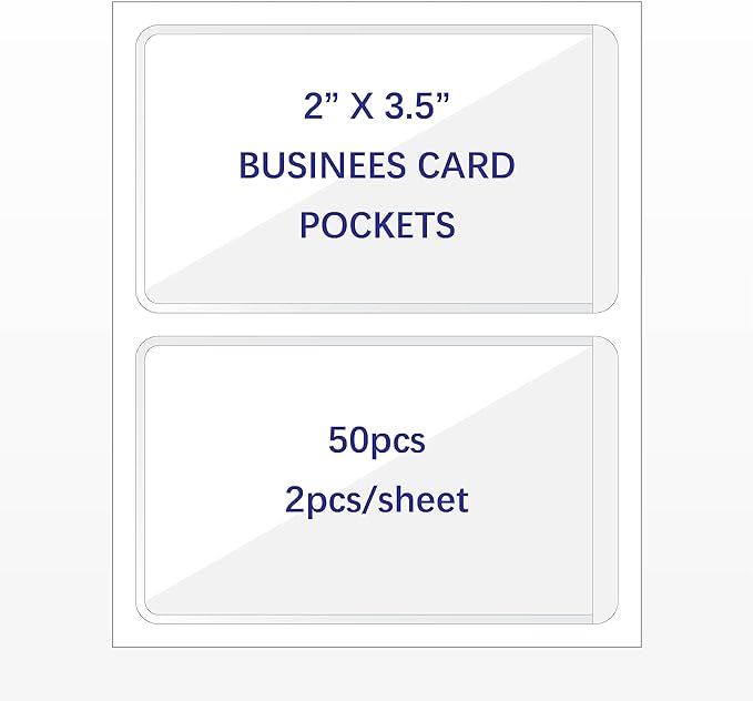 Clear Adhesive Business Card Pocket swith Side Open for Loading, 50 Pack, Plastic Labels Holders for Storage Bins and Library Card, Ideal for Organizing and Protecting Your Business Cards