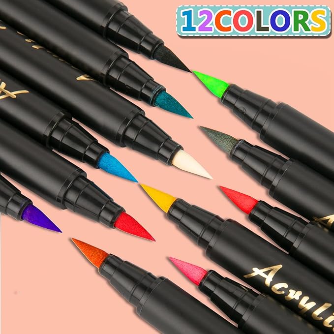 SMOOTHERPRO 12 Acrylic Paint Pens, Brush Tip (1-6mm) Acrylic Paint Markers, Fabric Markers for Textile, Canvas, Rock, Glass, Wood, Paper, Pumpkin, DIY