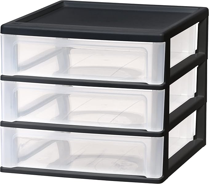 IRIS USA Plastic Stacking Desk Top 3-Drawer Storage Organizer, 1-Pack, for Makeup Vanity Nail Polish Bathroom Stationery Art Craft Supplies Kitchen Office Garage and Small Organization, Medium, Black