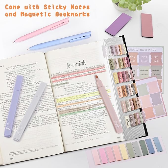 Bible Journaling Kit, Include 12 Bible Highlighters and 6 Pens No Bleed, 90 Laminated Bible Tabs, Magnetic Bookmarks, Sticky Notes, Bible Study Supplies Essentials Set for Women & Men