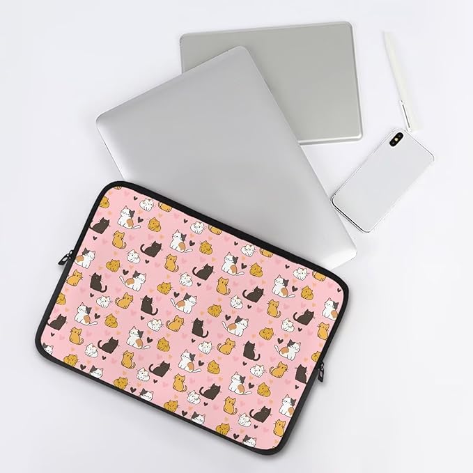 Cat Print Laptop Briefcases for Men Women, Heart Pattern Laptop Sleeve Case Water Resistant Neoprene Computer Carrying Cover 17 Inch Laptop Carrying Bag