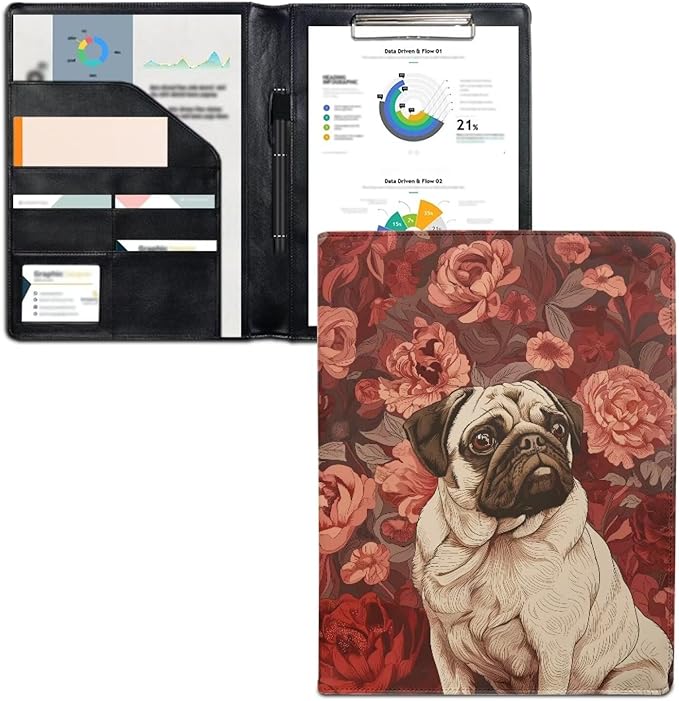 Office Folder Pug Dog Flower Print PU Leather Padfolio with A4 Size Clipboard Clip for Business Resume Interview Document Sleeve Binder Folder for Men/Women