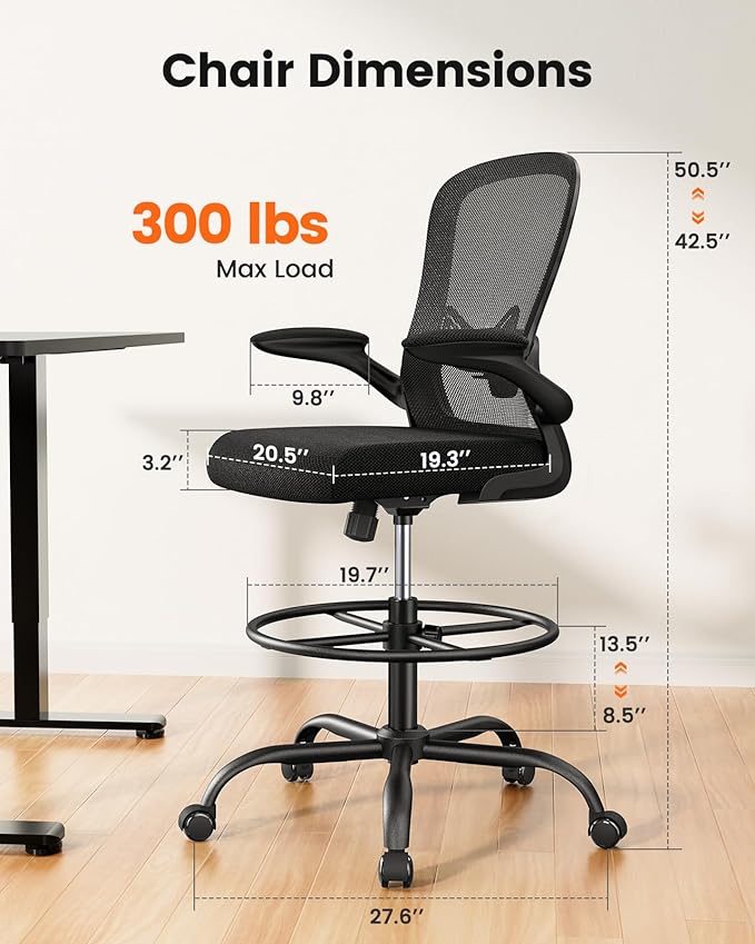 ErGear Drafting Chair, Standing Desk Chair with Flip-Up Armrests, High Desk Chair Adjustable Height, Ergonomic Tall Office Chair with Lumbar Support and Adjustable Footrest Ring