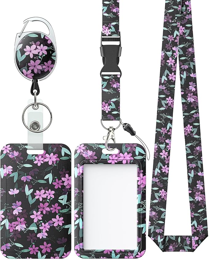 Uniclife Floral Sliding Badge Holder Purple Flower Plastic Case with Retractable Badge Reel Carabiner Clip & Detachable Lanyard Strap Fashionable Vertical Card Protector for Women Teacher Student