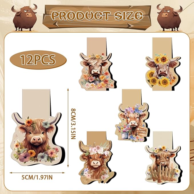 Highland Cow Magnetic Bookmark - 12 Pcs Funny Animal Bookmarks Magnetic Floral Book Mark Magnets Cute Cow Magnets Bookmark Page Clip Gift for Book Lovers Students Teacher Reading Book Marks