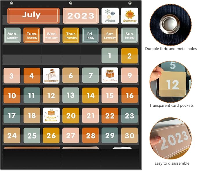 REGELETO Boho 46+3 Pockets Calendar Pocket Chart with 92 Cards for Classroom,Large Size: 28.75 x 24 inch Black Monthly Calendar and Weather Pocket Chart for Kids Learning for Home or Kindergarten