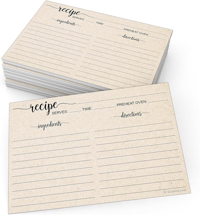 321Done Recipe Cards, Made in USA - 4x6 Tan, Simple Script, Double-Sided Thick Cardstock, Cute Vintage Rustic Kraft Look for Bridal Shower Wedding Housewarming Gift - Pack of 50