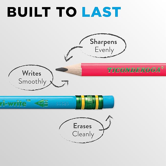 Ticonderoga My First Tri-Write Wood-Cased Pencils with Sharpener, Pre-Sharpened, 2 HB, With Erasers, Neon Colors, 2 Count, 6 Packs