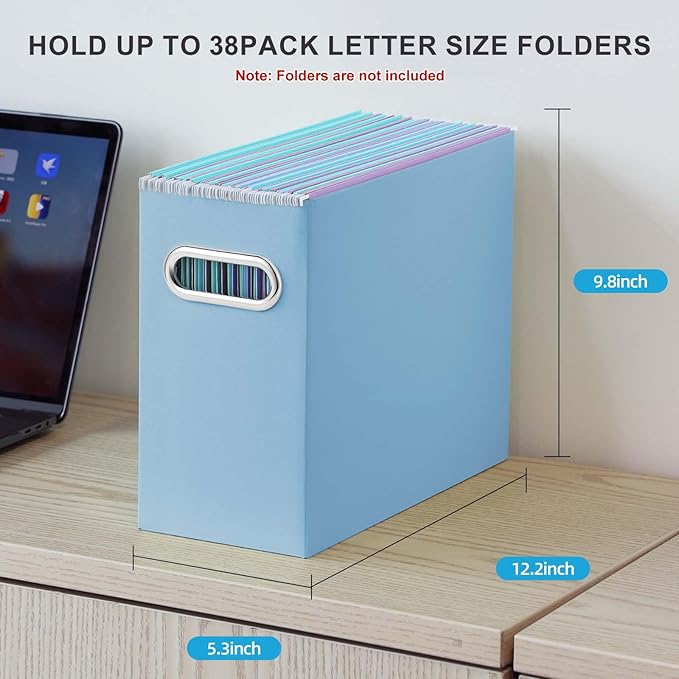 Oterri File Organizer, Small Storage Box, Cardboard File Folder Organizer, Collapsible File Box, Hanging File Organizer for Letter Size, Portable File Box with Handle, Only Box (Blue, 2 Packs)