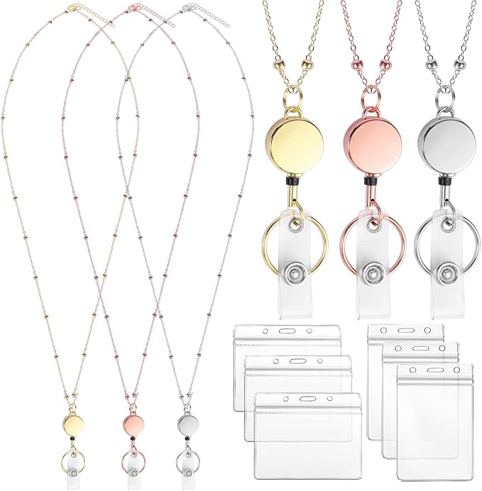 Lanyards for Id Badges 3 Pack Badge Lanyard with 6 Pcs Id Badge Holder Retractable Stainless Steel Teacher Lanyards Cruise Ship Lanyards for Girl Women (Silver, Gold, Rose Gold)