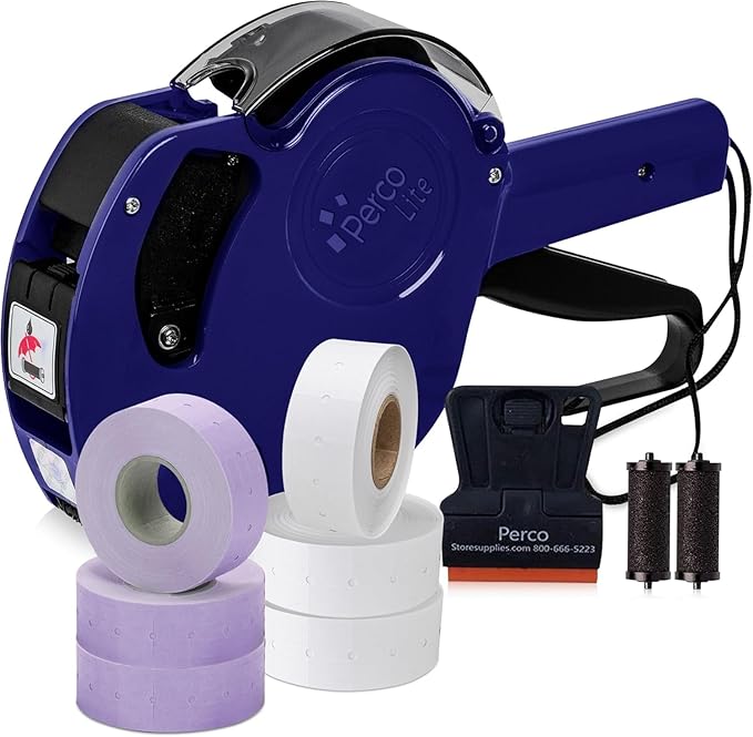 Perco Lite 1 Line Price Gun with Labels Kit - Includes 3 White Rolls, 3 Lavender Rolls, 2 Ink Rollers, 1 Ink roll and Labels Pre-Loaded