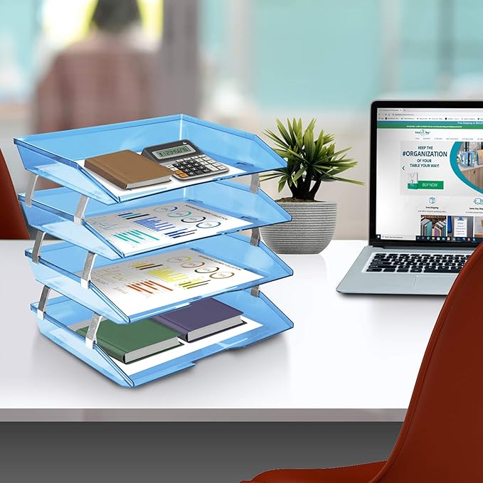 Acrimet 4 Tier Side Load Letter Tray Facility, Desktop File Organizer, A4 Letter Size Paper Organizer, Minimalist Storage Solution Paper Tray for Office, Home, Classroom (Plastic, Clear Blue Color)