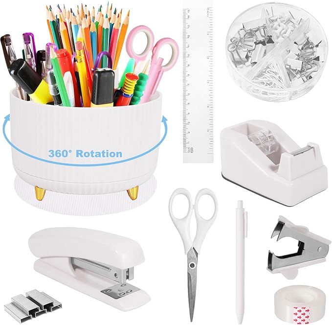 White Desk Organizers and Accessories 10Pcs Set with 360-Degree Rotating Pen Holder, Tape Dispenser, Stapler, Staple Remover, 1000 Staples, Tape, Clips Set, Ruler, Scissor, Pen