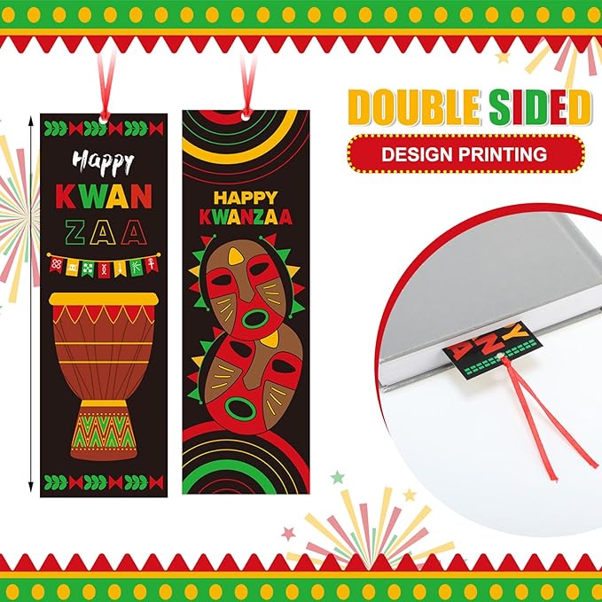 240 Pcs Kwanzaa Bookmarks with Ribbon Happy Kwanzaa Double Sided Page Markers African Traditional Heritage Reading Accessories for Book Lovers Kwanzaa Holiday Party Festival Celebrates