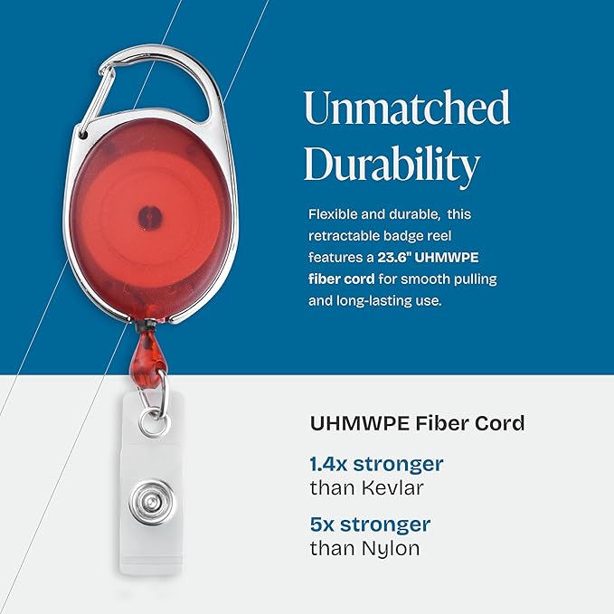 Will Well ID Badge Holders with Clip and Keyring - Horizontal Clear Plastic 3.7" x 2.5" Sleeves Fit Up to 3 Cards - Retractable 24" UHMWPE Fiber Pull Cords - 2-Pack, Transparent Red Reels