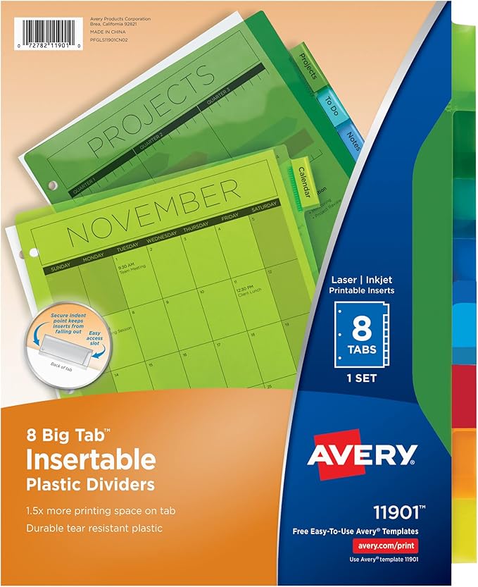 Avery Dividers for 3 Ring Binders, 8-Tab Binder Dividers, Plastic Binder Dividers, Insertable Big Tabs, Multicolor, 1 Set (11901)
