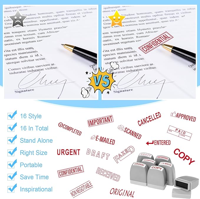 Crtiin 16 Pcs Office Stamp Set Message Self Inking Rubber Stamp Set for Office Stamps Completed Faxed Scanned Stamps for Message Supplies(Red, Grey)