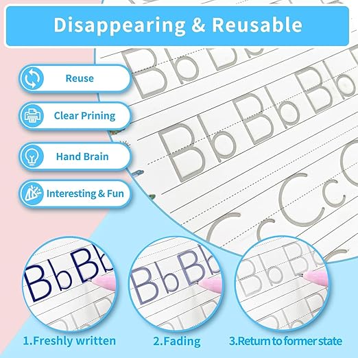 Reusable Grooved Handwriting Practice Workbook,Magic Practice Copybook,Reusable Writing Practice Book, for Preschool Kids Age 3-8 Calligraphy (Blue Bag, 10.3inx7.3in)