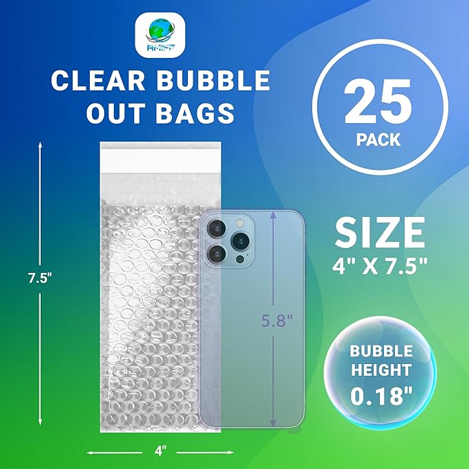 Clear Bubble Out Bags, 4 x 7.5 Inches. 25 Pack Self Seal Bubble Pouches. Polyethylene Clear Bubble Bags for Packing. Waterproof Clear Bubble Out Pouches for Fragile Things