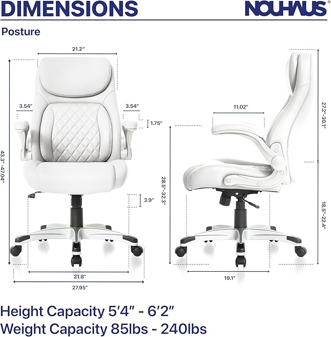 Nouhaus +Posture Ergonomic PU Leather Office Chair. Click5 Lumbar Support with FlipAdjust Armrests. Modern Executive Chair and Computer Desk Chair (White)