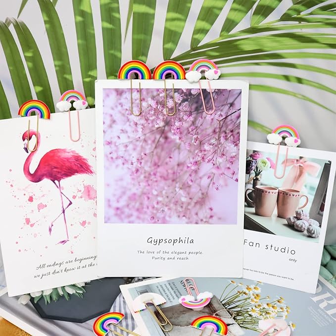 yueton 12PCS Rainbow Cloud Shaped Paper Clips Cute Small Paperclips PVC Metal Bookmark Clips File Note Clips Book Markers for Office, School, Home and Wedding Party Use