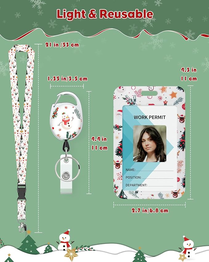 Uniclife Christmas Sliding Badge Holder Cartoon Snowman Hard ID Card Holder with Retractable Badge Reel Carabiner & Detachable Lanyard Strap Vertical Card Protector for Women Nurse Teacher Student