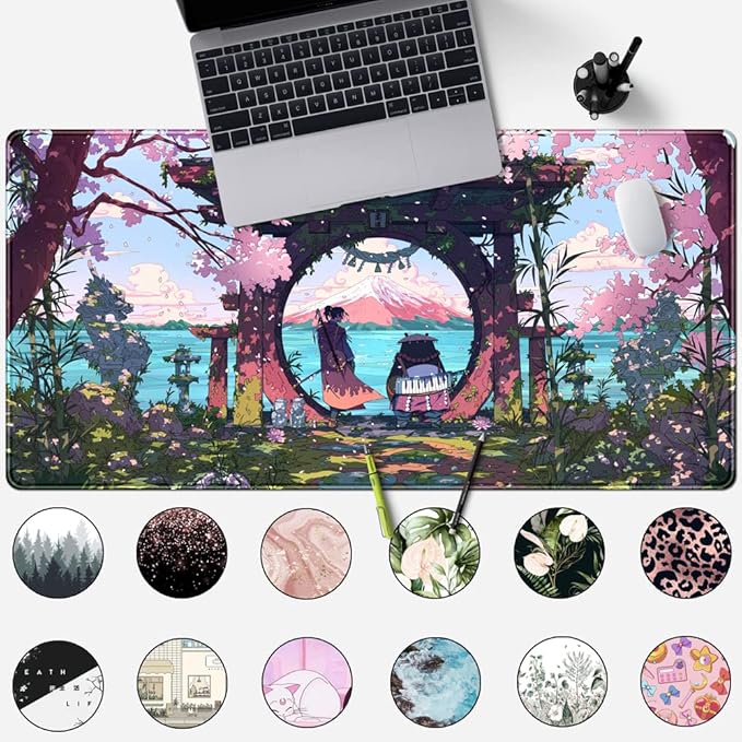 Pink Japan Desk Pad Anime Gaming Green Mouse Pad Large Mouse Pad For Desk Computer Pc Laptop Office Decor For Women, Anime Mouse Keyboard Pad Stitched Edges Non-Slip Rubber Mat Desk Pad (31.5x15.7 In)