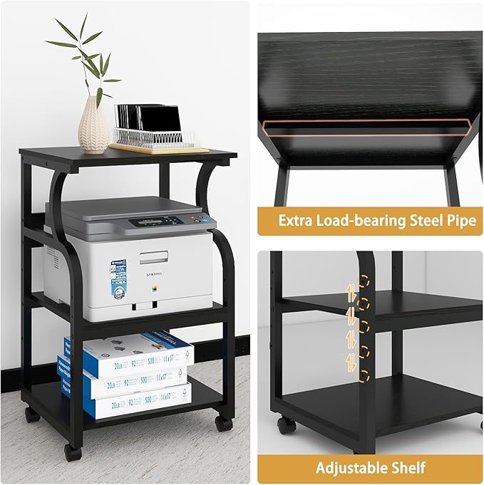Natwind 3 Tier Printer Stand,Printer Table with Adjustable Storage Shelf, Rolling Printer Cart with Wheels for Home Office Organization,Multifunctional Shelves for Heat Press,3D Printer (Black)