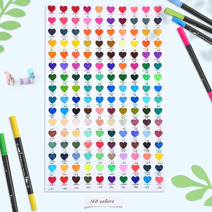 Ohuhu Markers: 160 Colors Brush Pens Dual Brush Fine Tip Drawing Pens Water-Based Coloring Markers for Calligraphy Bullet Journal with Carrying Case - Maui - Black