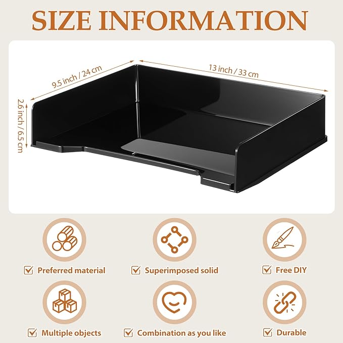 6 Pcs Stackable Letter Tray Rectangular Plastic Desk Organizer 13 x 9.5 x 2.6 in Paper Holder File Tray Accessories Rack for Desktop Office Desk Drawers (Black)