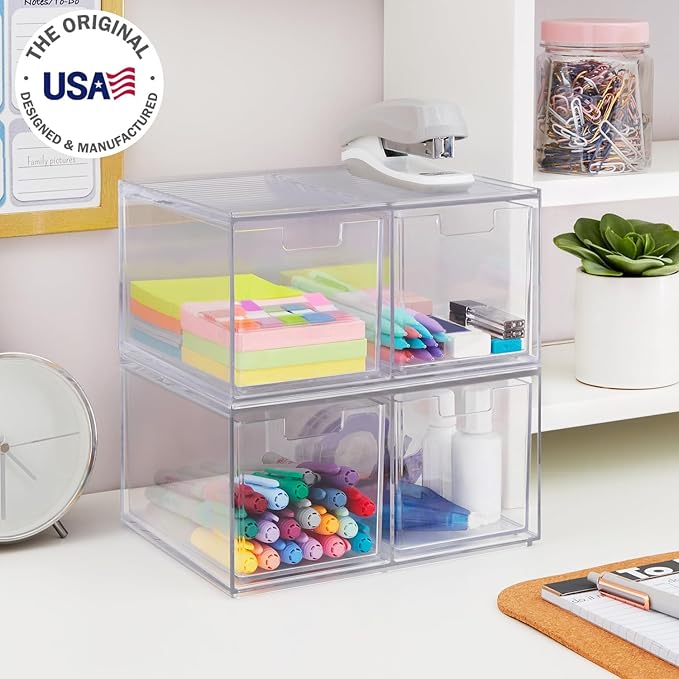STORi Chloe Space-Saving Clear Drawer Organizer (4 Tall Drawers) Sort Office, Kitchen, Beauty Supplies, Makeup, Pens, Jewelry, Stationary, Made in USA