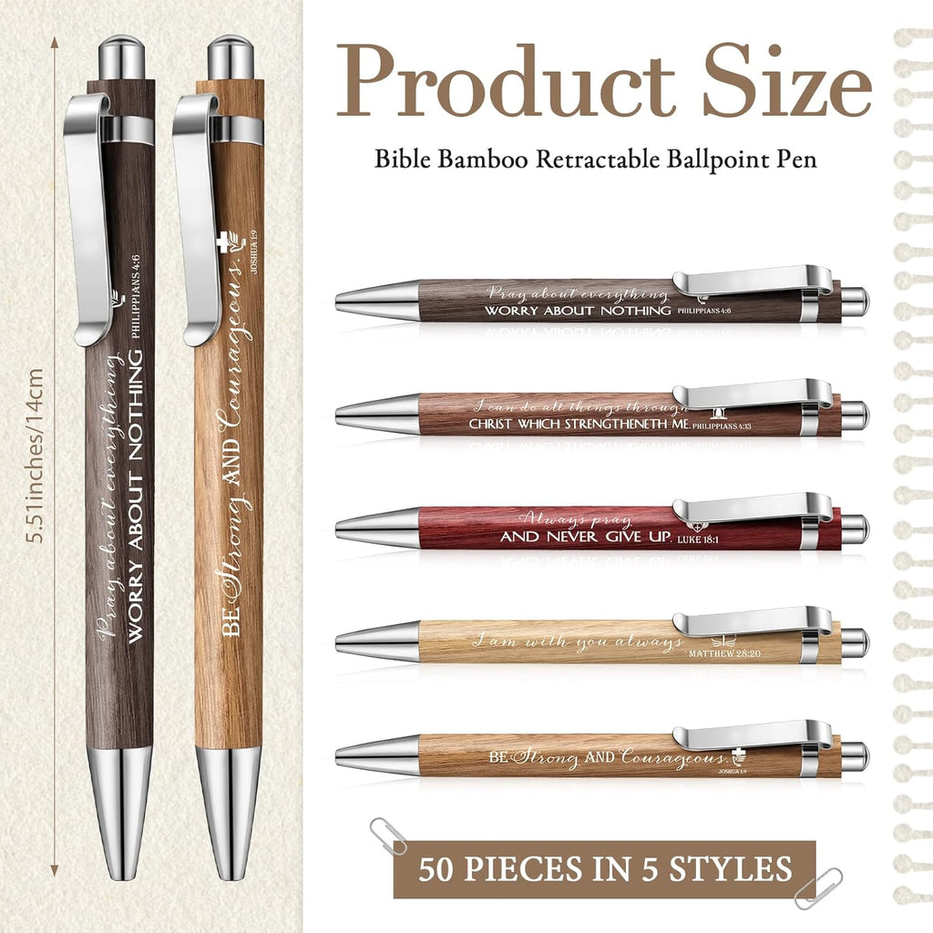 50 Pack Bible Verse Bamboo Retractable Ballpoint Pens Christian Inspirational Bible Verse Ballpoint with Black Ink Pen for Journal Writing Office Supplies Religious Gifts for Men Women(Wood Color)