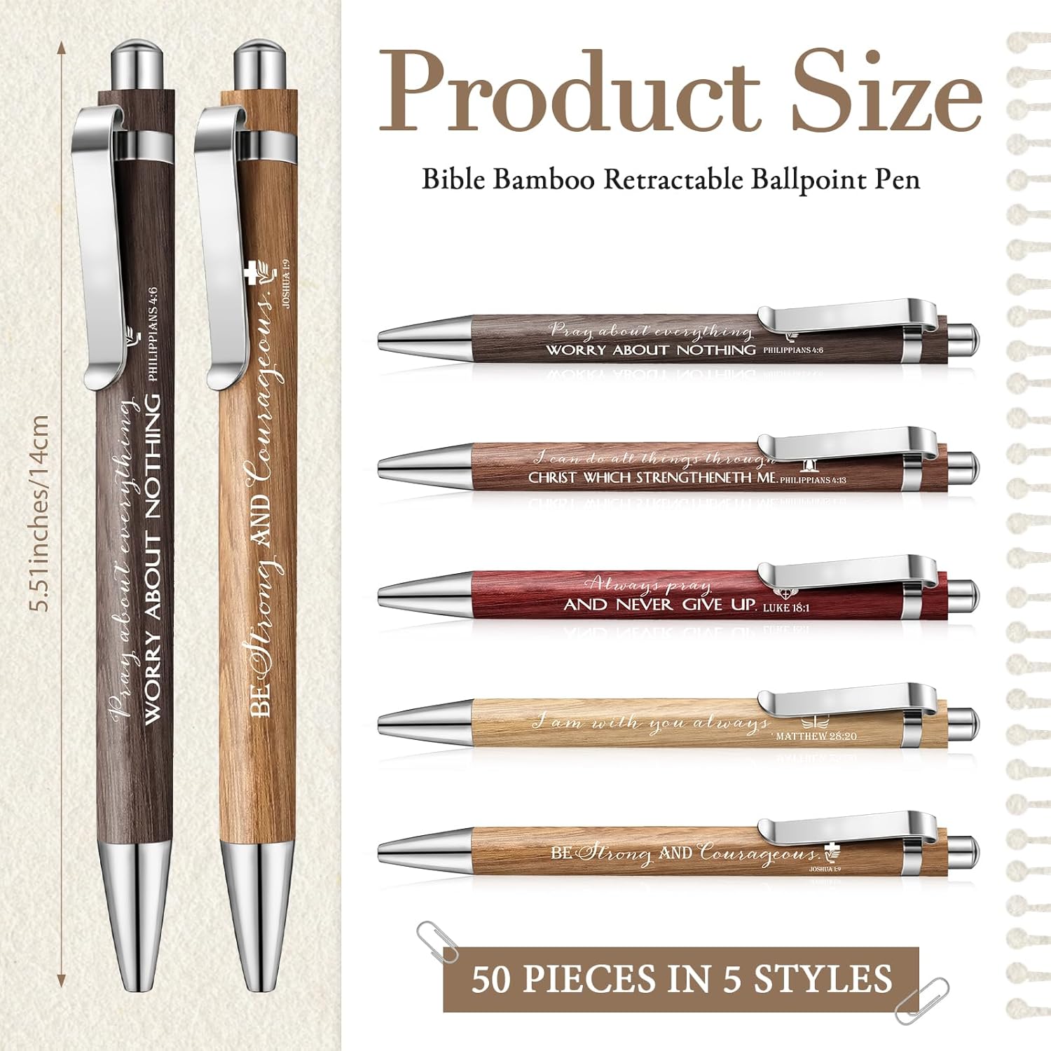 50 Pack Bible Verse Bamboo Retractable Ballpoint Pens Christian Inspirational Bible Verse Ballpoint with Black Ink Pen for Journal Writing Office Supplies Religious Gifts for Men Women(Wood Color)