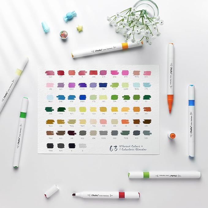 Ohuhu Markers for Adult Coloring Books No bleeding 64 Colors Water-based Coloring Markers Dual Tips Chisel & Brush Drawing Pens Art Markers for Kids Adults Beginners Lettering Journaling