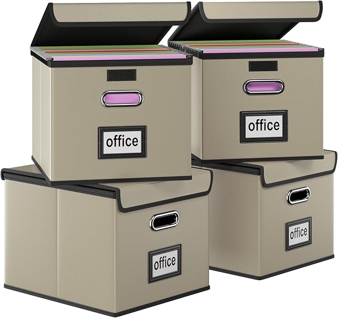 Huolewa Upgraded Portable Leather File Organizer Boxes with Lids, Office Document Boxes Organizer, Filing Boxes, Decorative Small File Boxes for Hanging Files with Plastic Slide for Office/Decor/Home